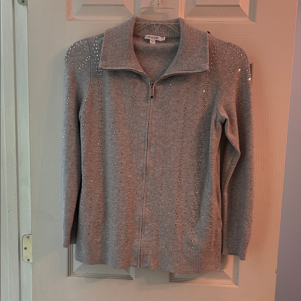 Chico's Light Gray Zip Cardigan with Rhinestone Accents